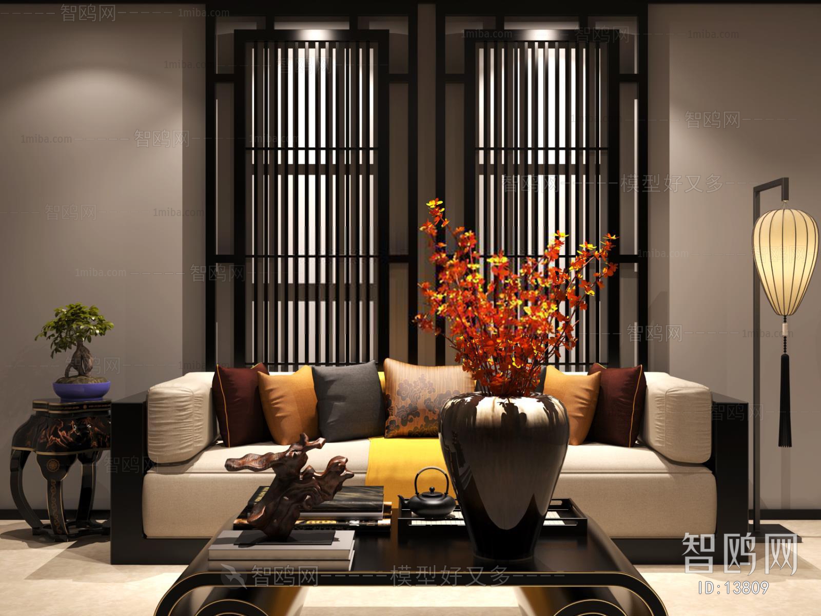 Modern New Chinese Style Three-seat Sofa