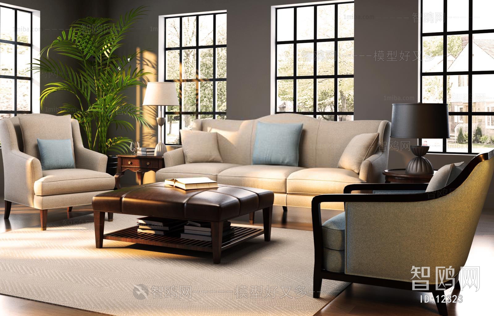 现代美式客厅茶几三人沙发