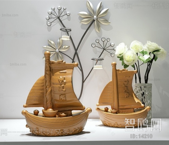 新中式帆船模型雕塑墙饰
