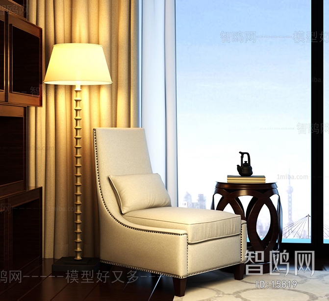 新中式落地灯边几/角几单人沙发