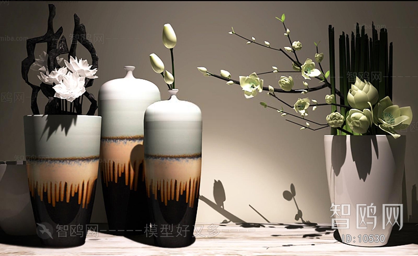 现代新中式陶罐花瓶花艺摆件组合