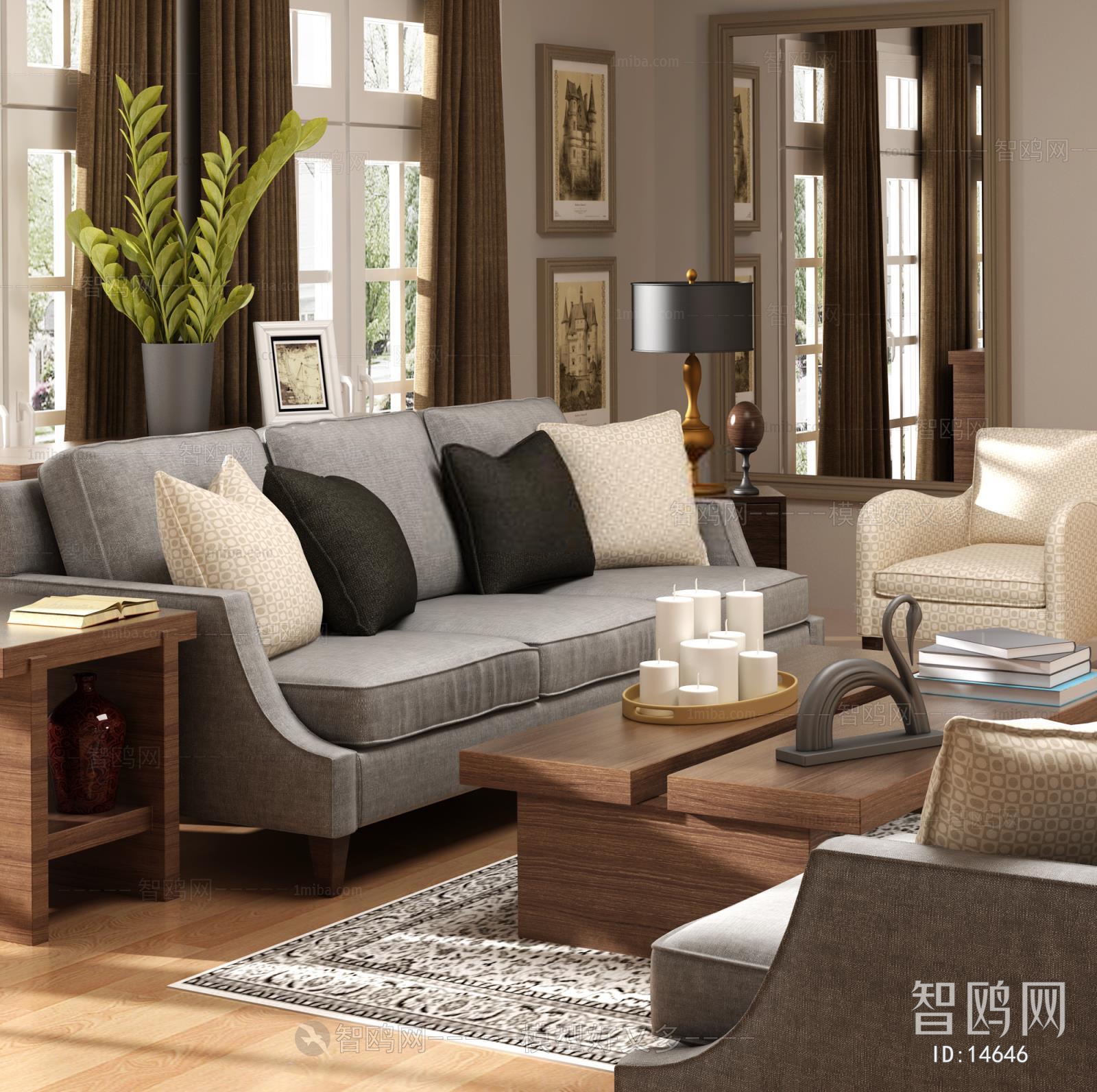 现代美式客厅三人沙发