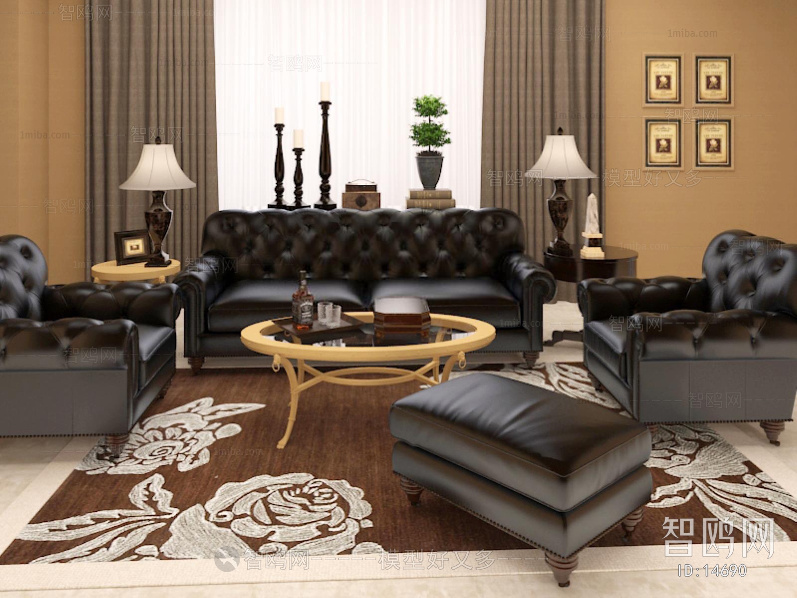 现代美式客厅双人沙发茶几
