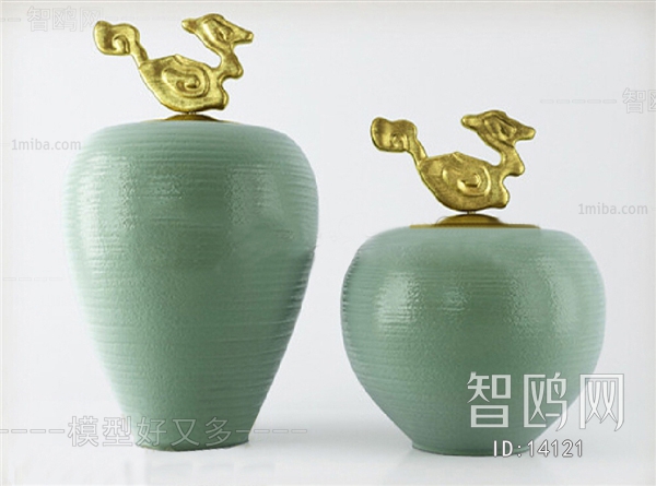 新中式青绿古典金属祥云罐摆件