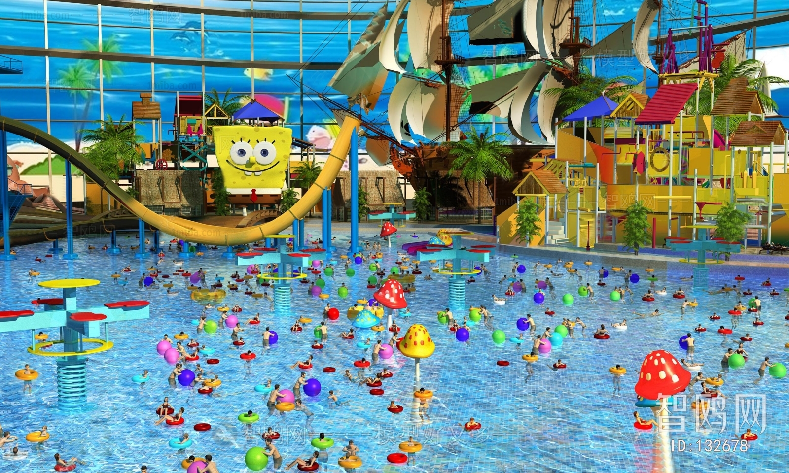 现代水上乐园游泳馆人物3D模型下载