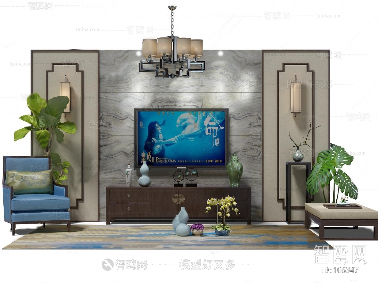 新中式电视背景墙电视柜
