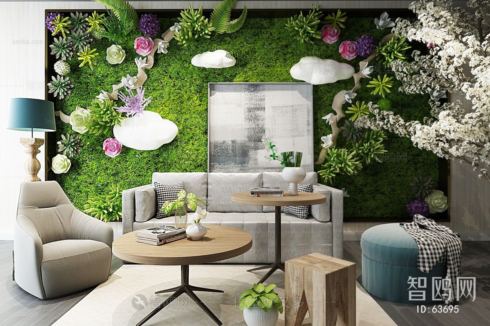 现代植物墙组合沙发
