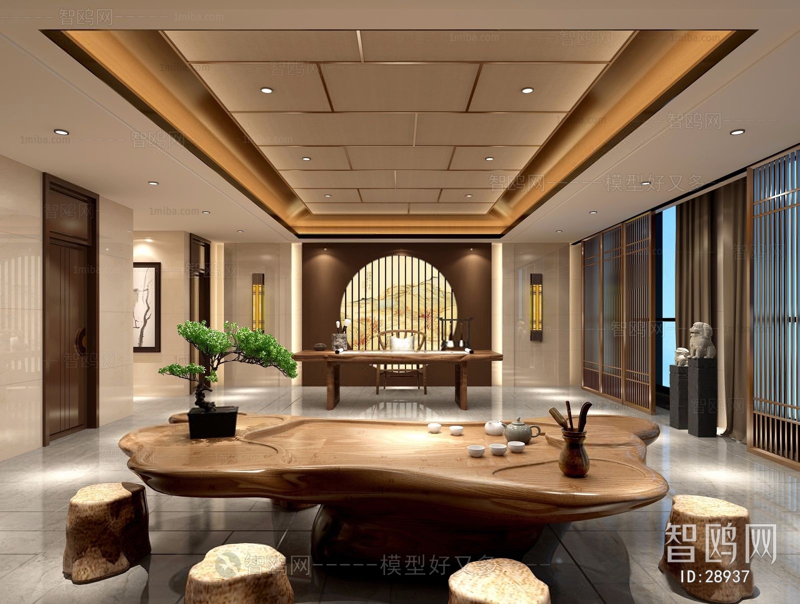 新中式茶室树根茶凳茶桌