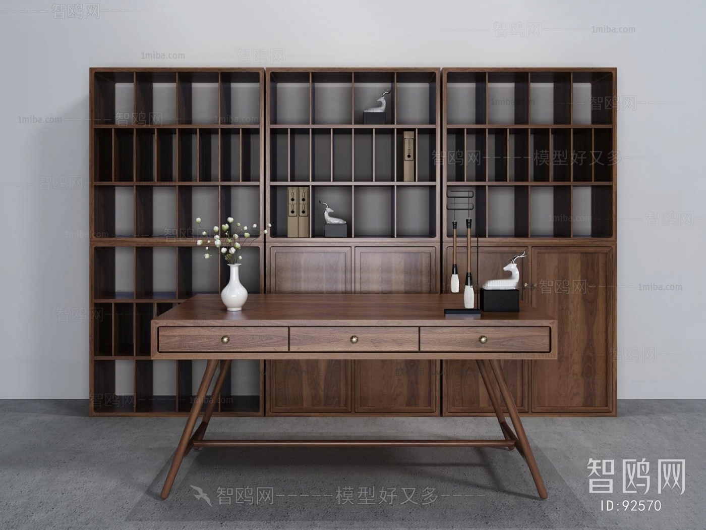 新中式书柜书桌