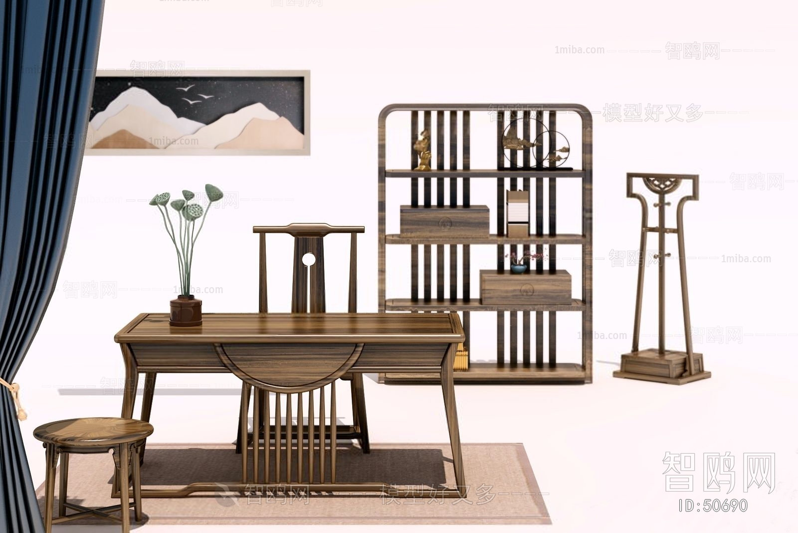 新中式书桌椅装饰架