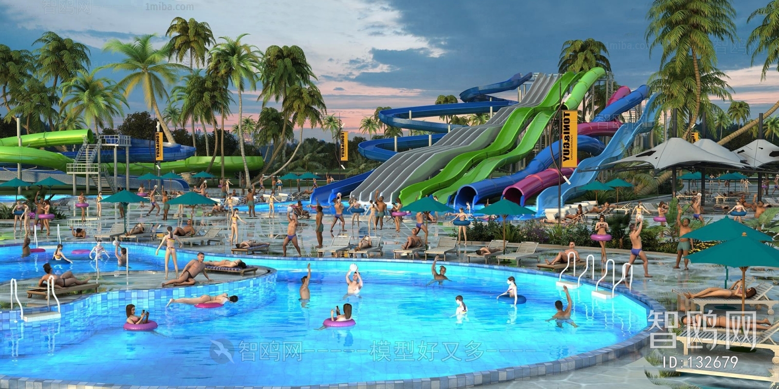 现代水上乐园泳池比基尼人物滑梯组合3D模型下载