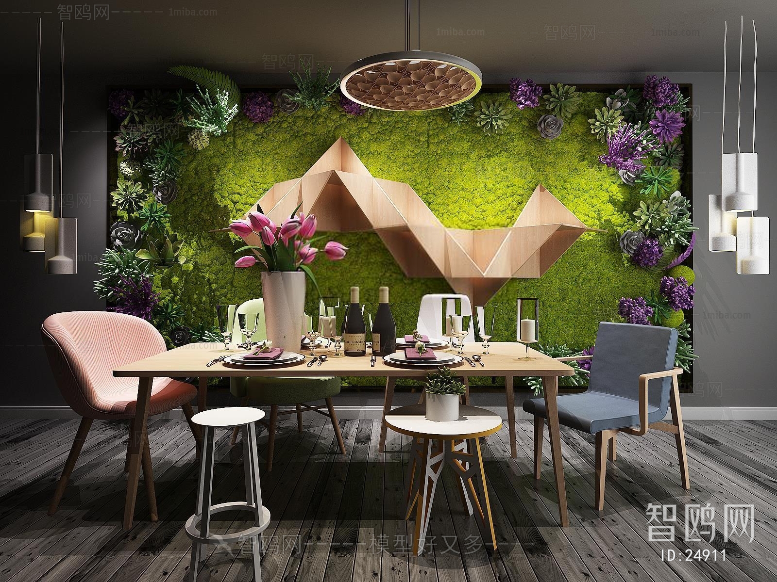 北欧现代餐桌椅苔藓多肉植物墙