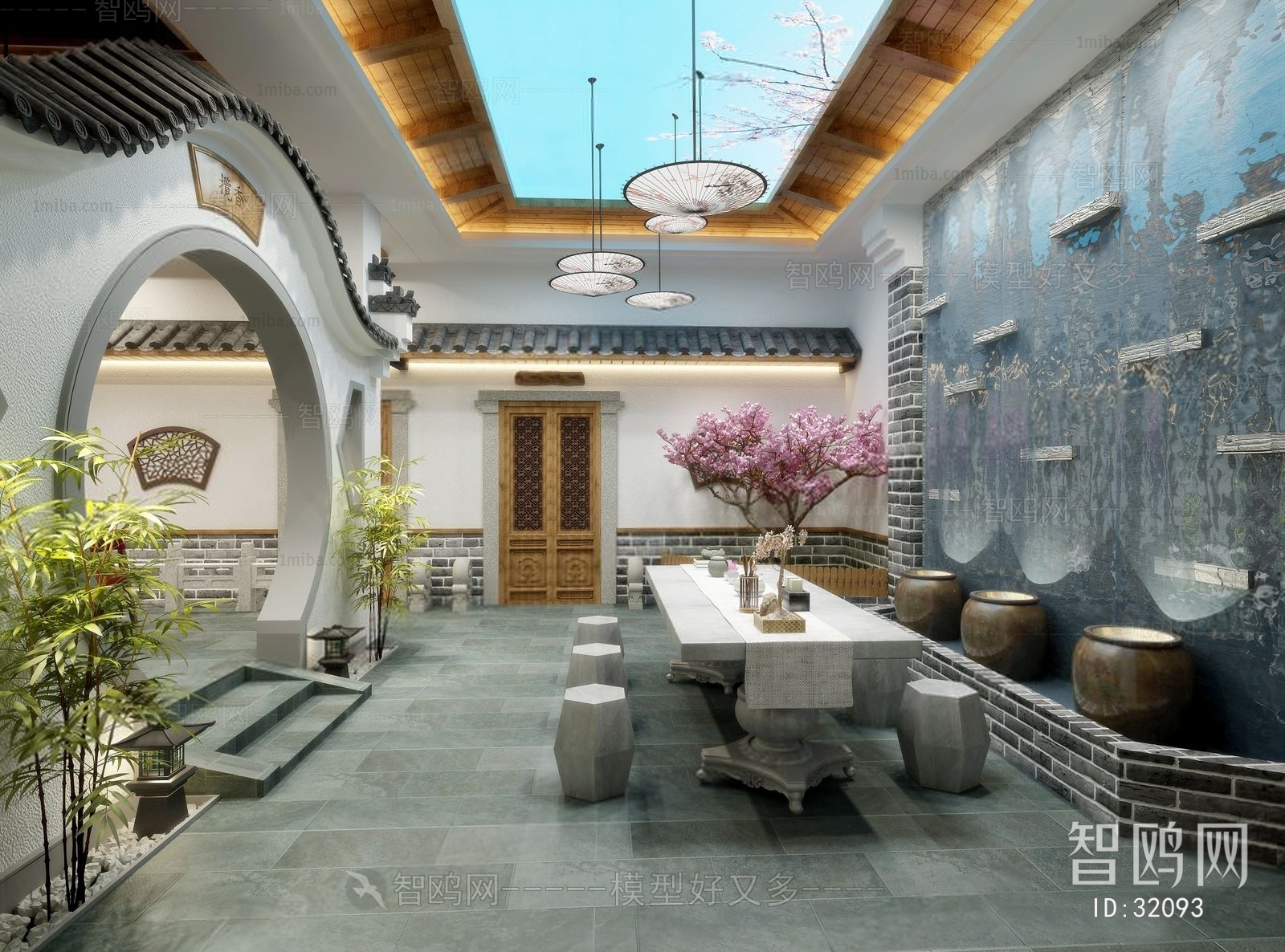 新中式餐厅庭院/景观3D模型下载