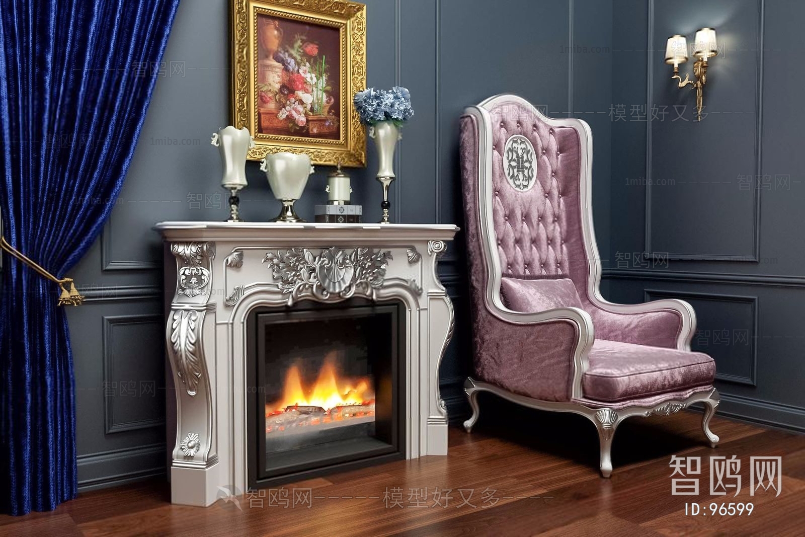 欧式古典壁炉单人沙发
