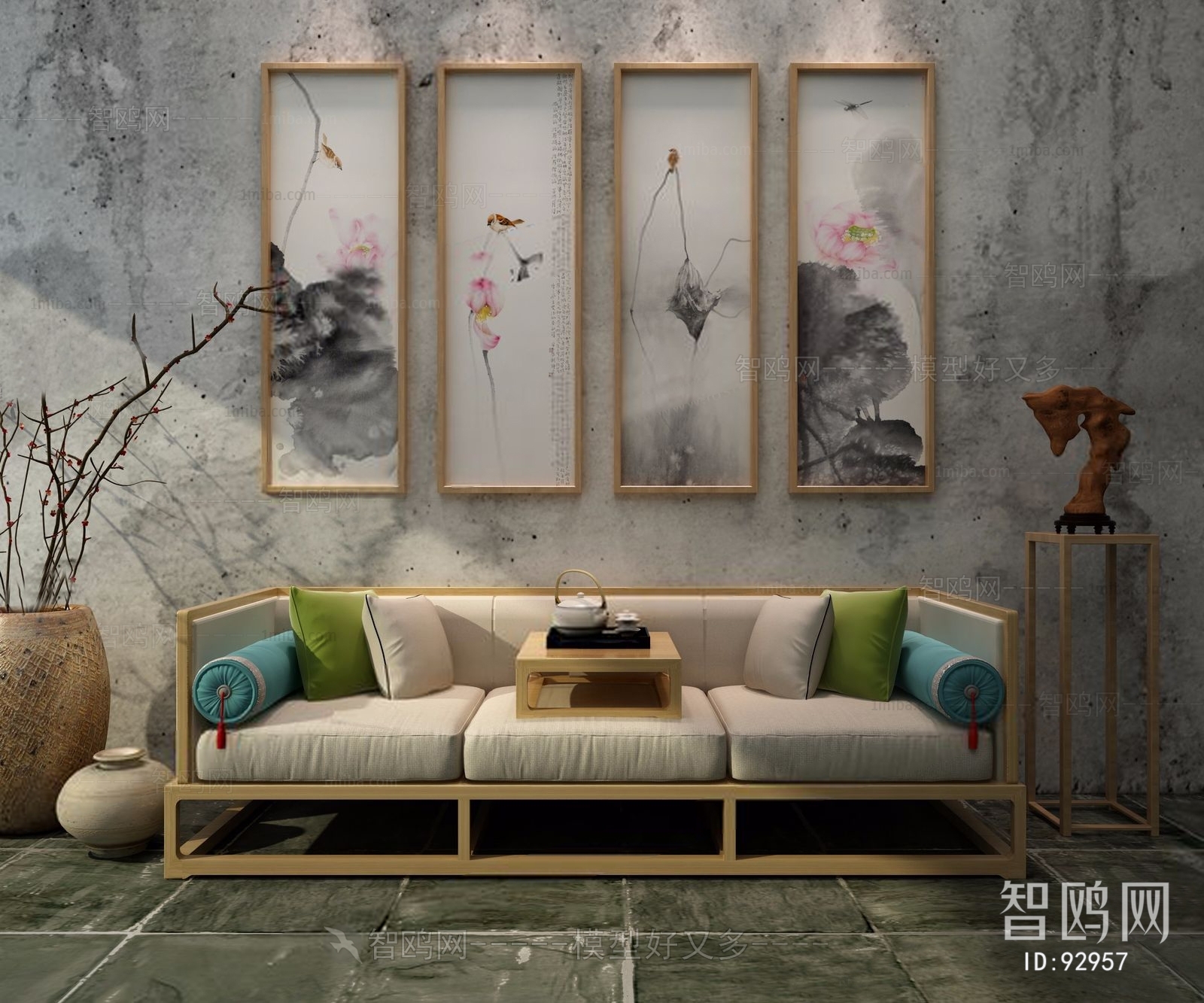 新中式三人沙发挂画