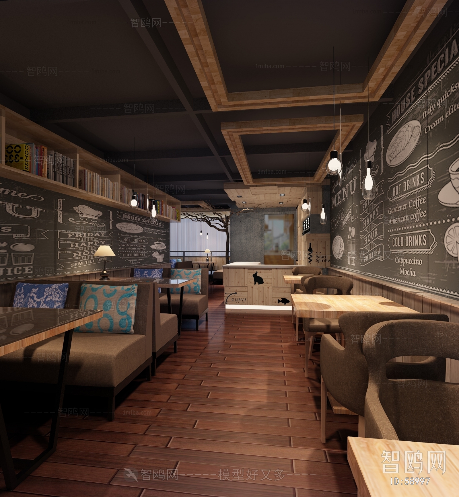 工业风咖啡厅3D模型下载