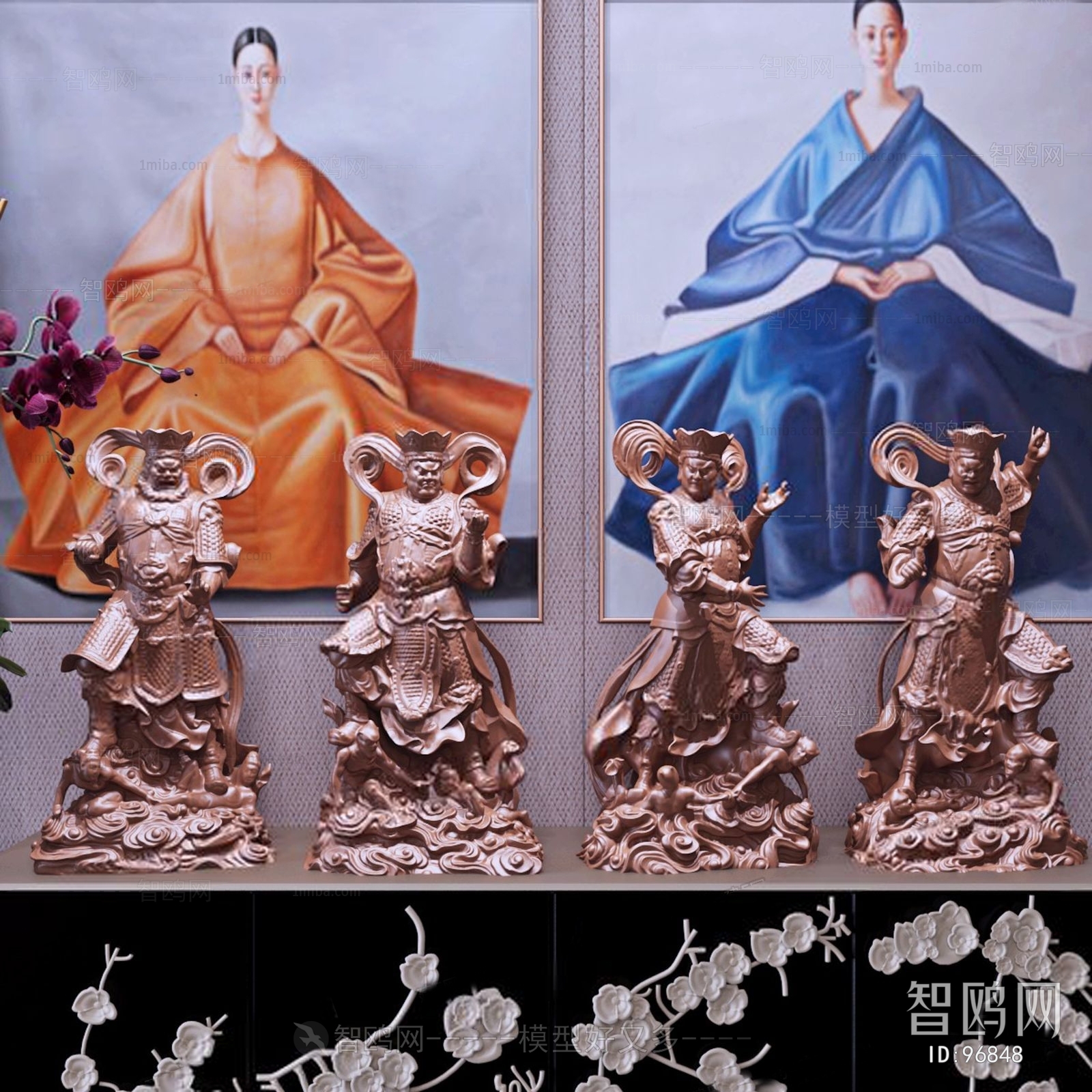 中式四大天王雕塑摆件