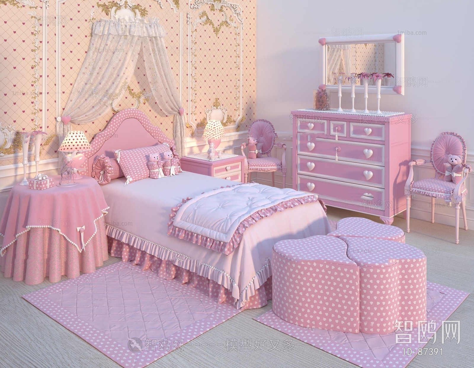 美式粉色女孩儿童床斗柜