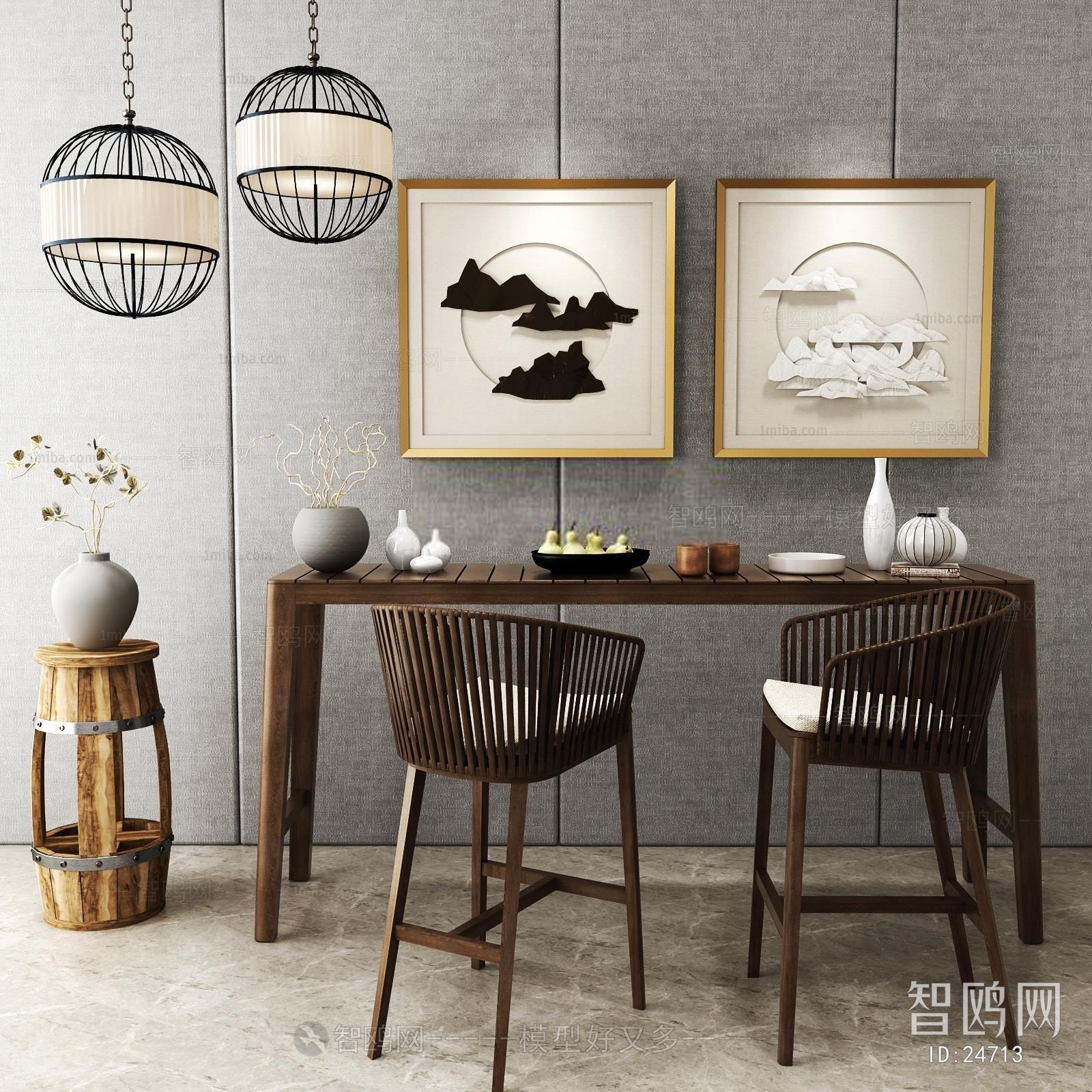 新中式休闲桌椅立体挂画