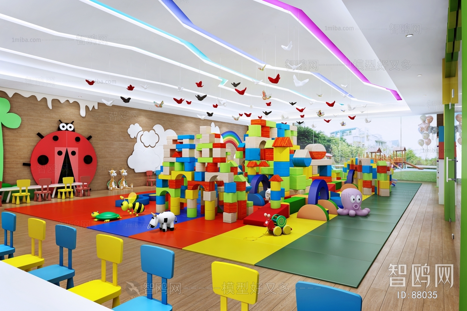多场景-现代幼儿园多米儿童游乐活动室+过道