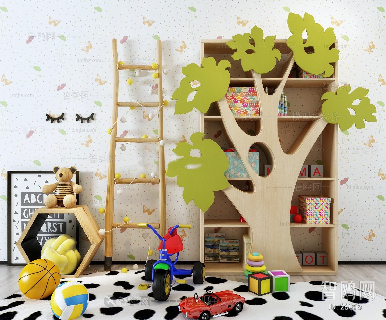 现代儿童房儿童书柜梯子玩具