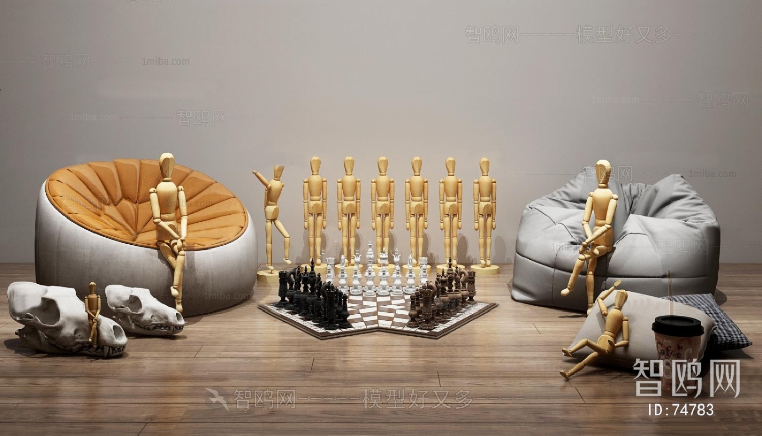 现代人偶象棋摆件懒人沙发