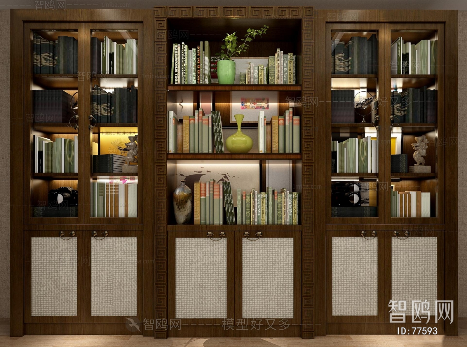 H19-0625新中式书柜多宝阁茶具储物柜摆件 - 草图大师模型
