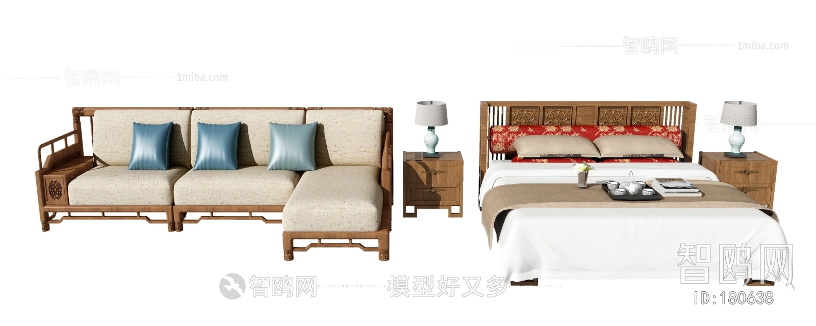 新中式双人床多人沙发
