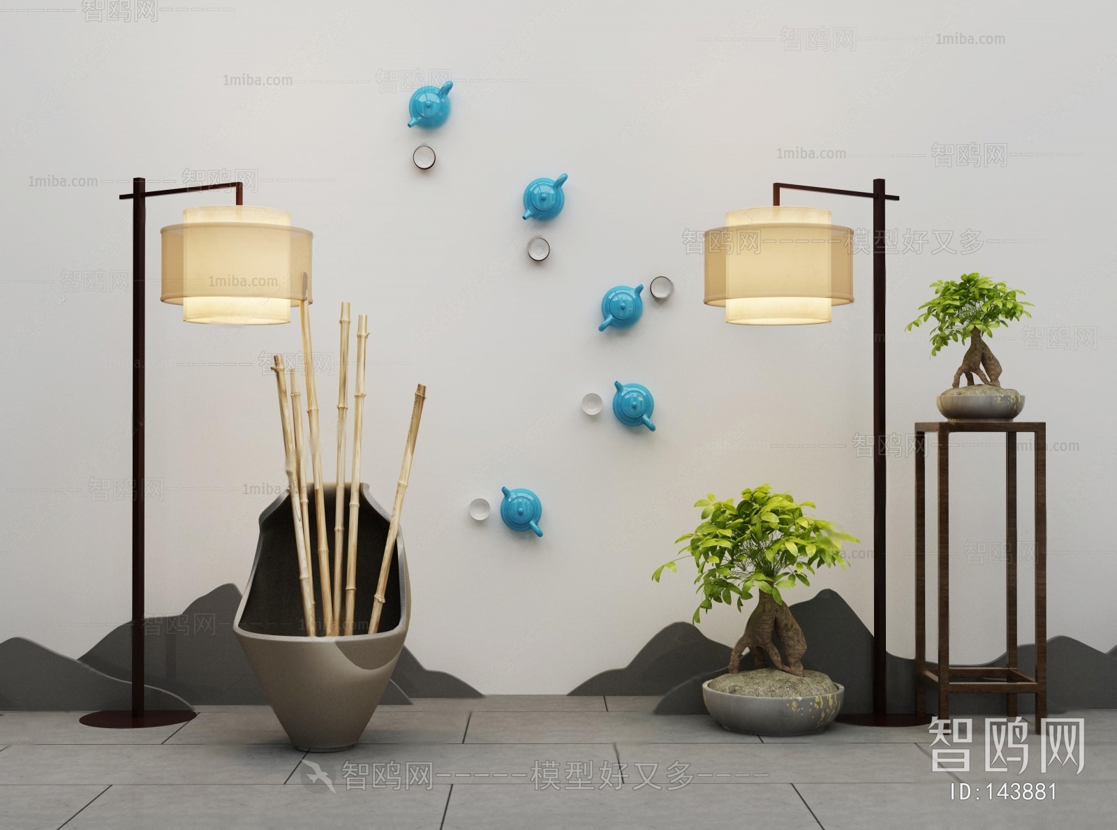 新中式盆栽灯具摆件组合