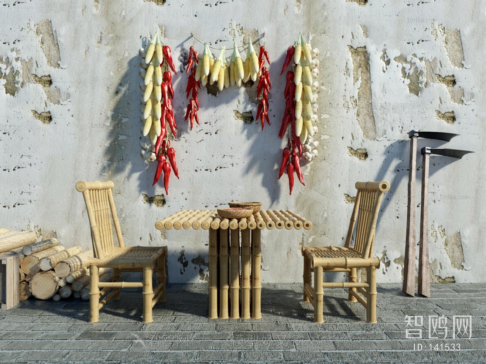 中式农家民俗竹木桌椅玉米辣椒组合