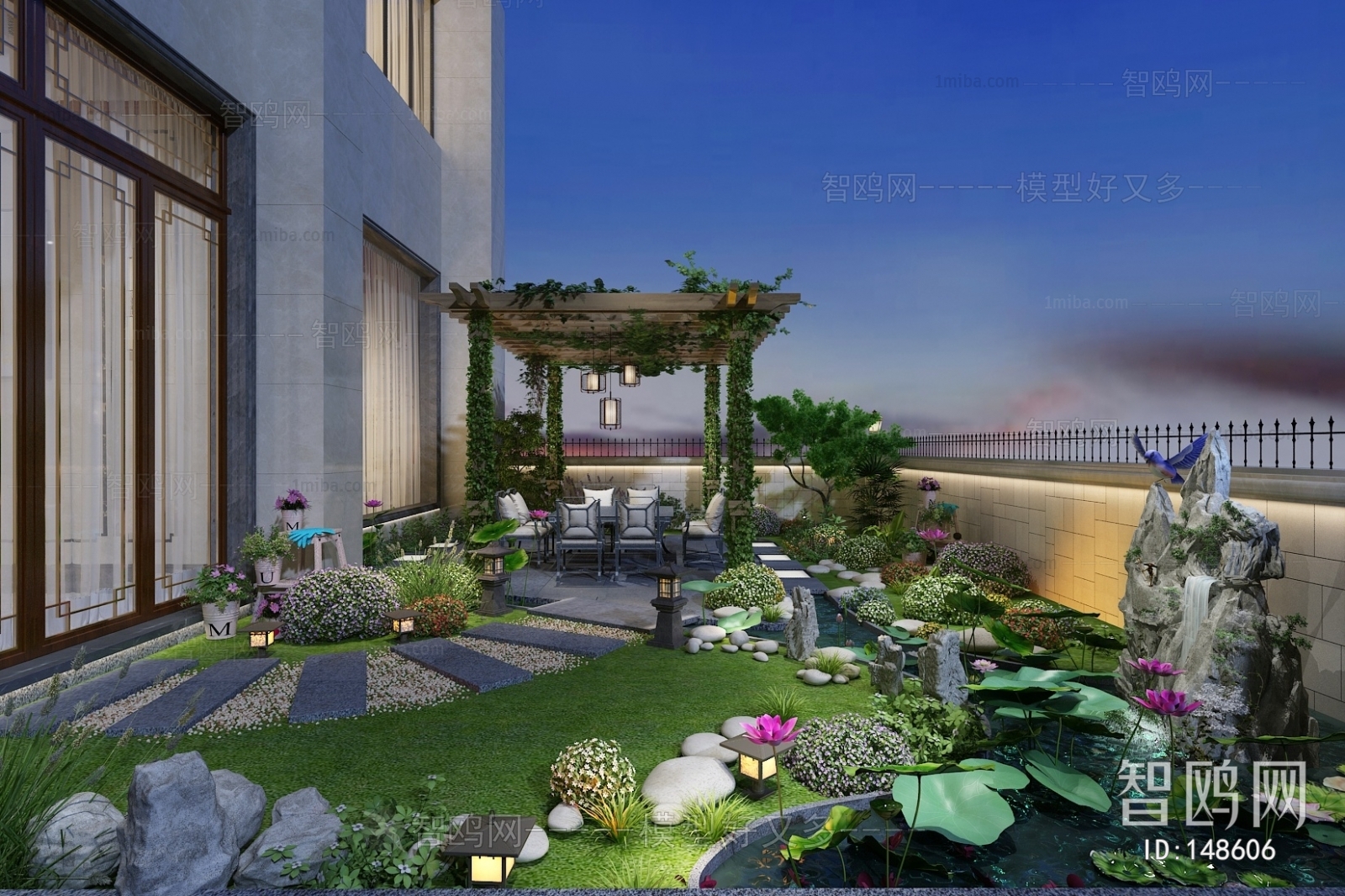 新中式庭院/景观花园3D模型下载