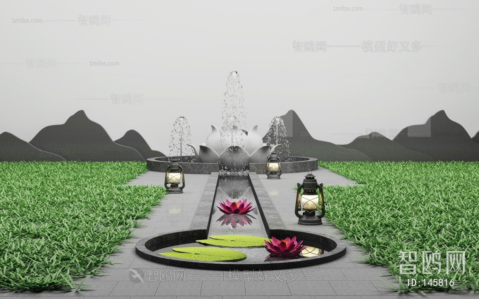 新中式莲花喷泉水景