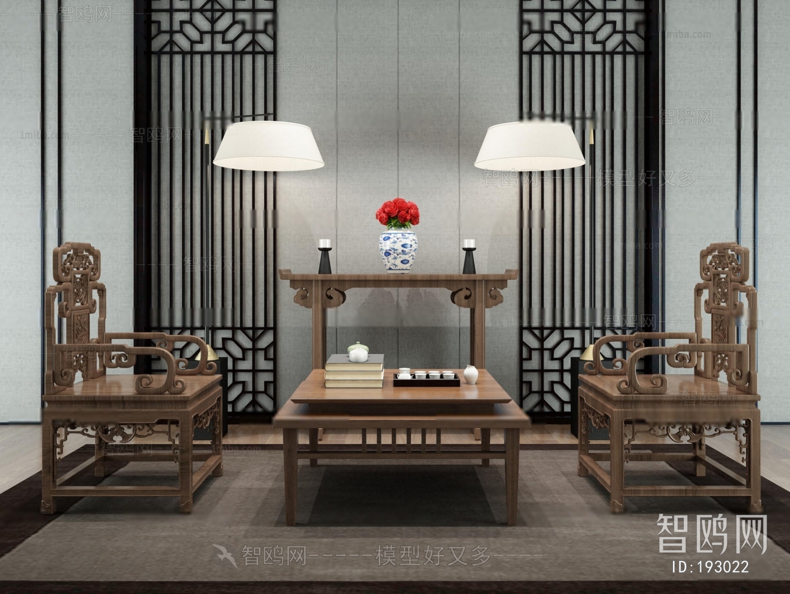 中式实木雕花休闲椅茶几条案组合