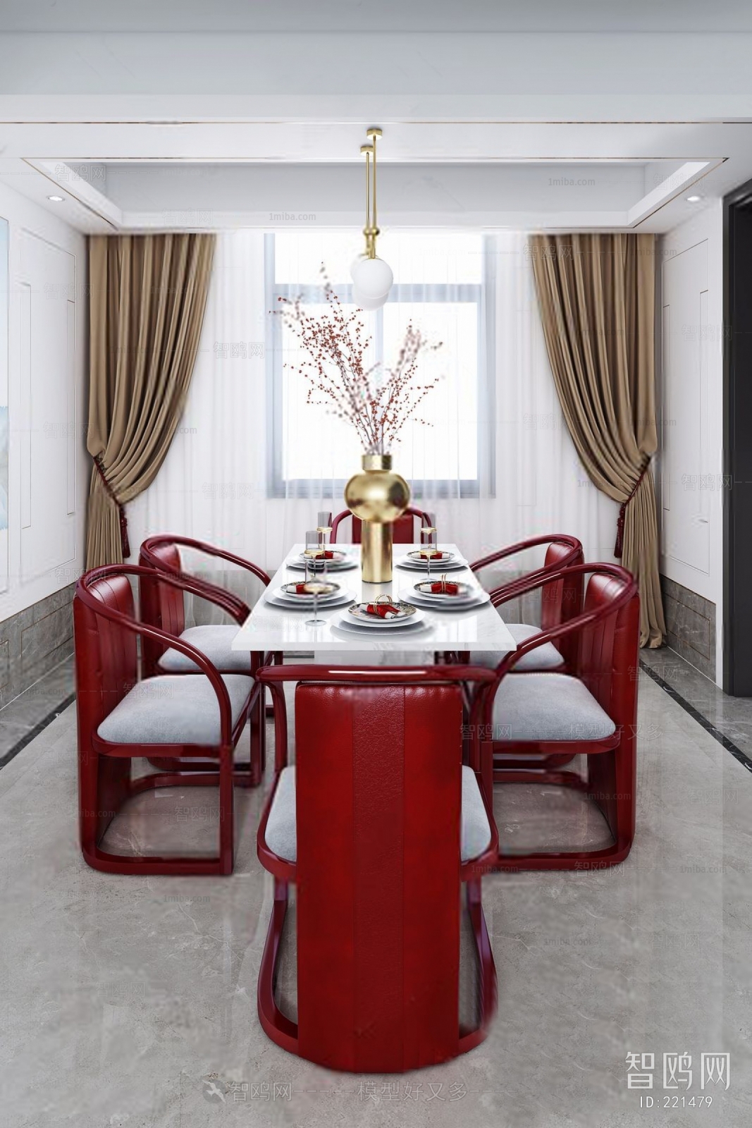 中国红中式别墅样板间餐厅