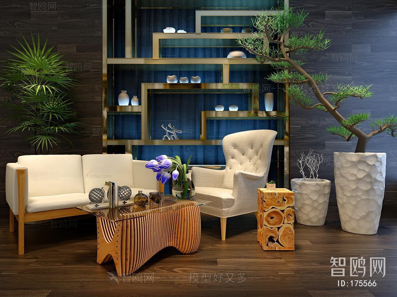 现代中式沙发组合背景松树