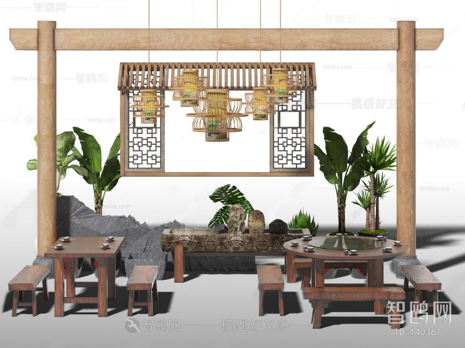 中式实木餐桌椅吊灯流水景观