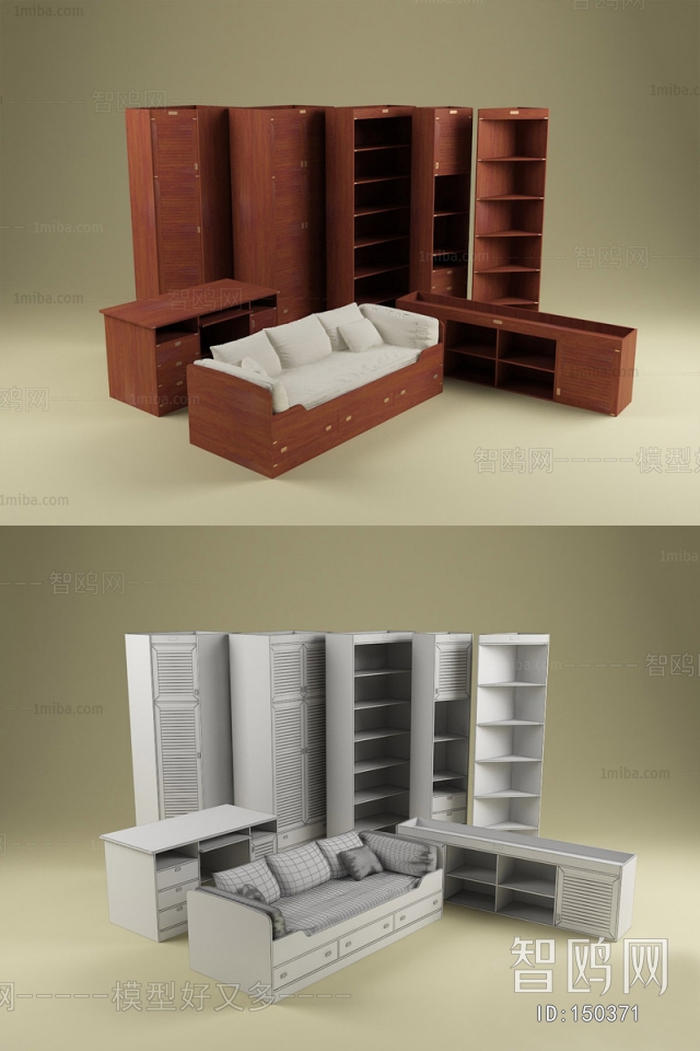 现代衣柜双人沙发置物架