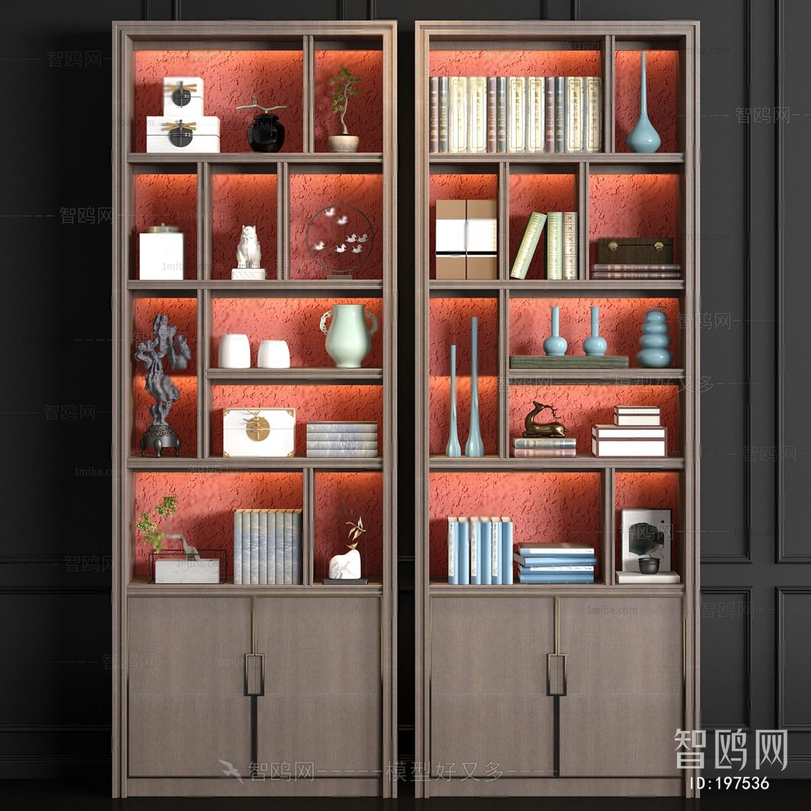 新中式实木书柜书籍摆件组合