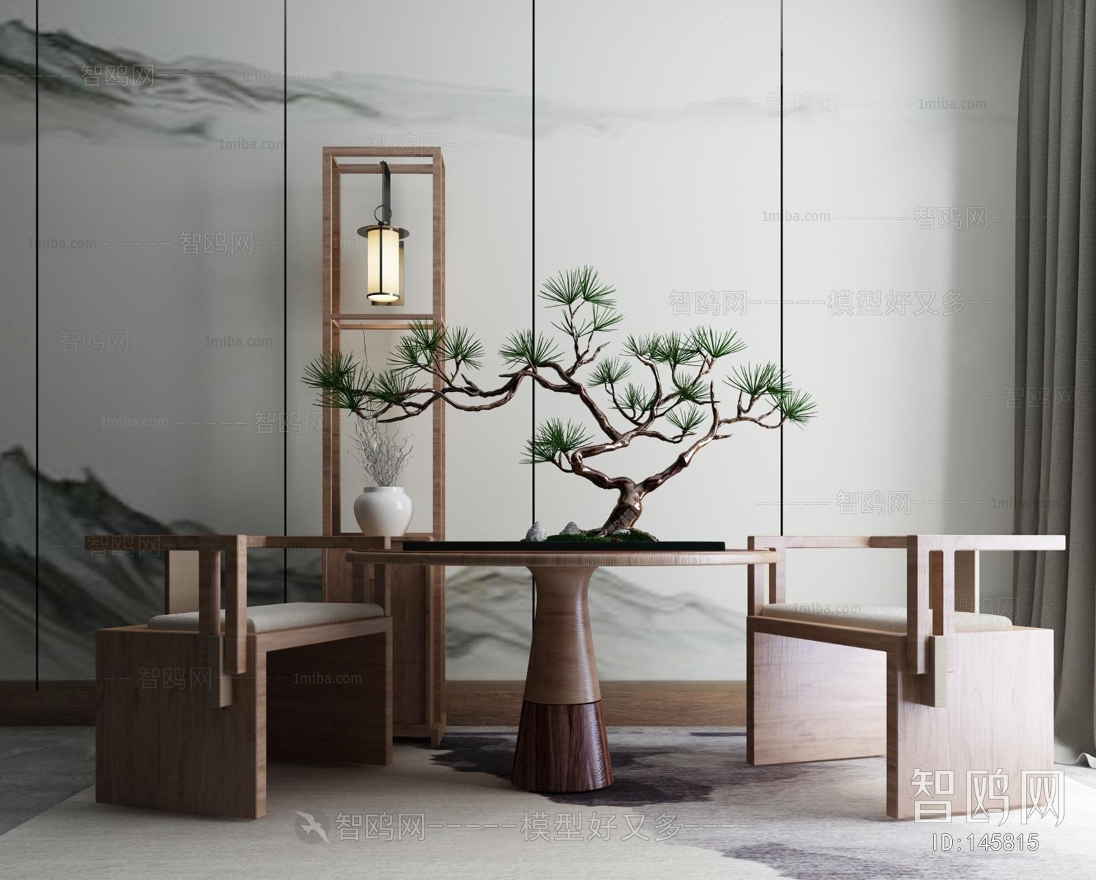新中式实木圆形休闲桌椅盆景