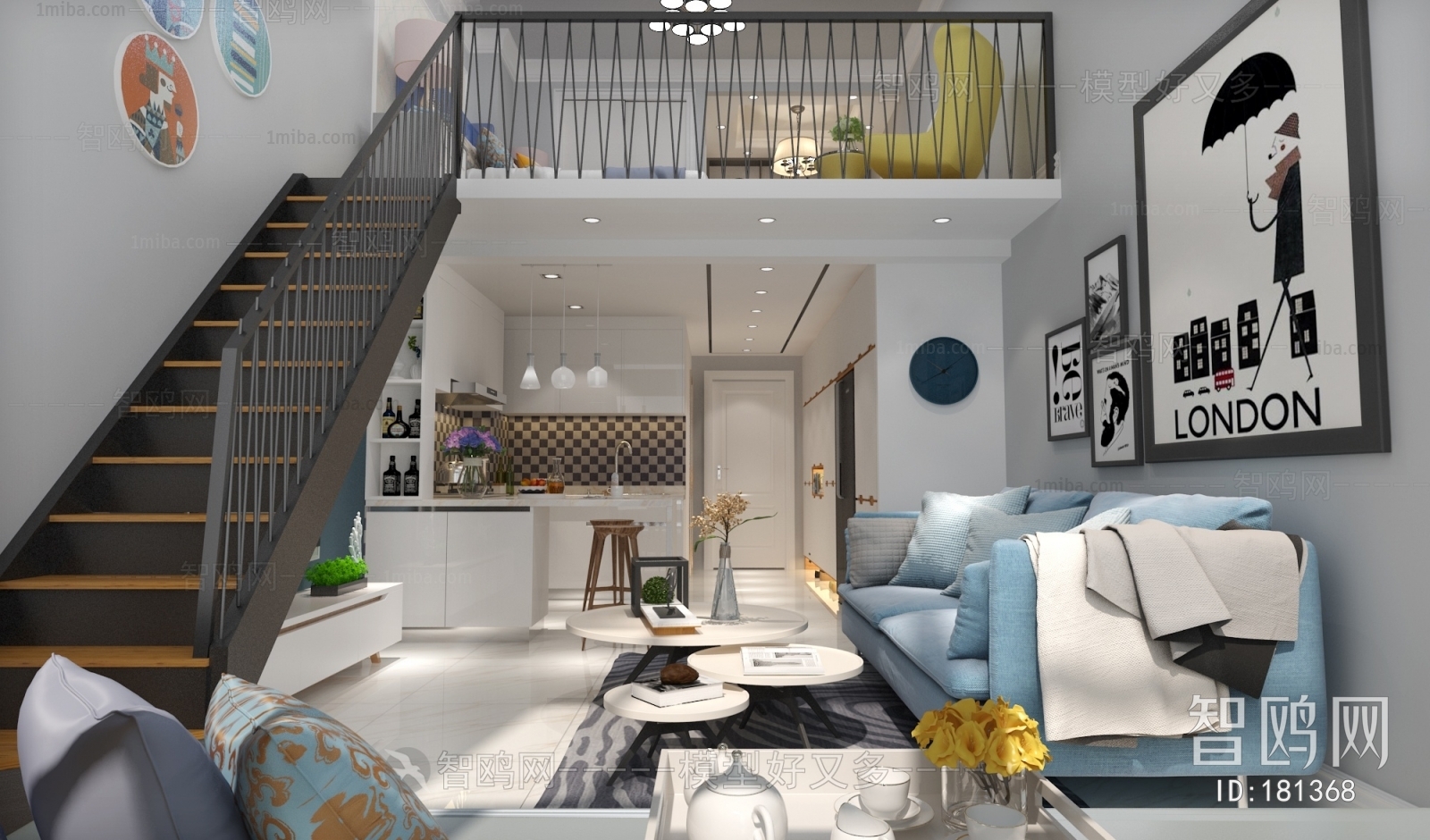 LOFT公寓客厅卧室3D模型下载