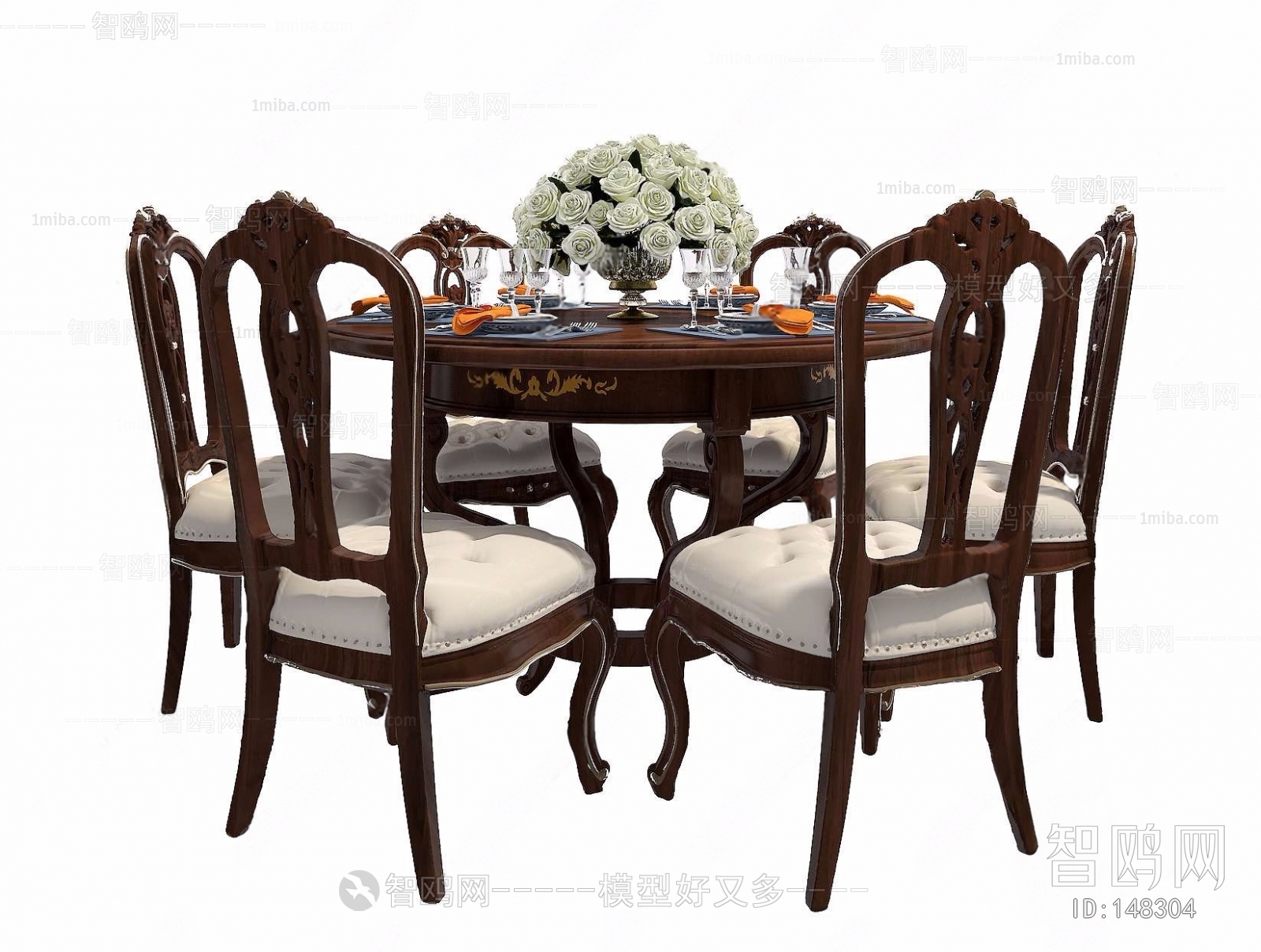 美式实木圆形餐桌椅