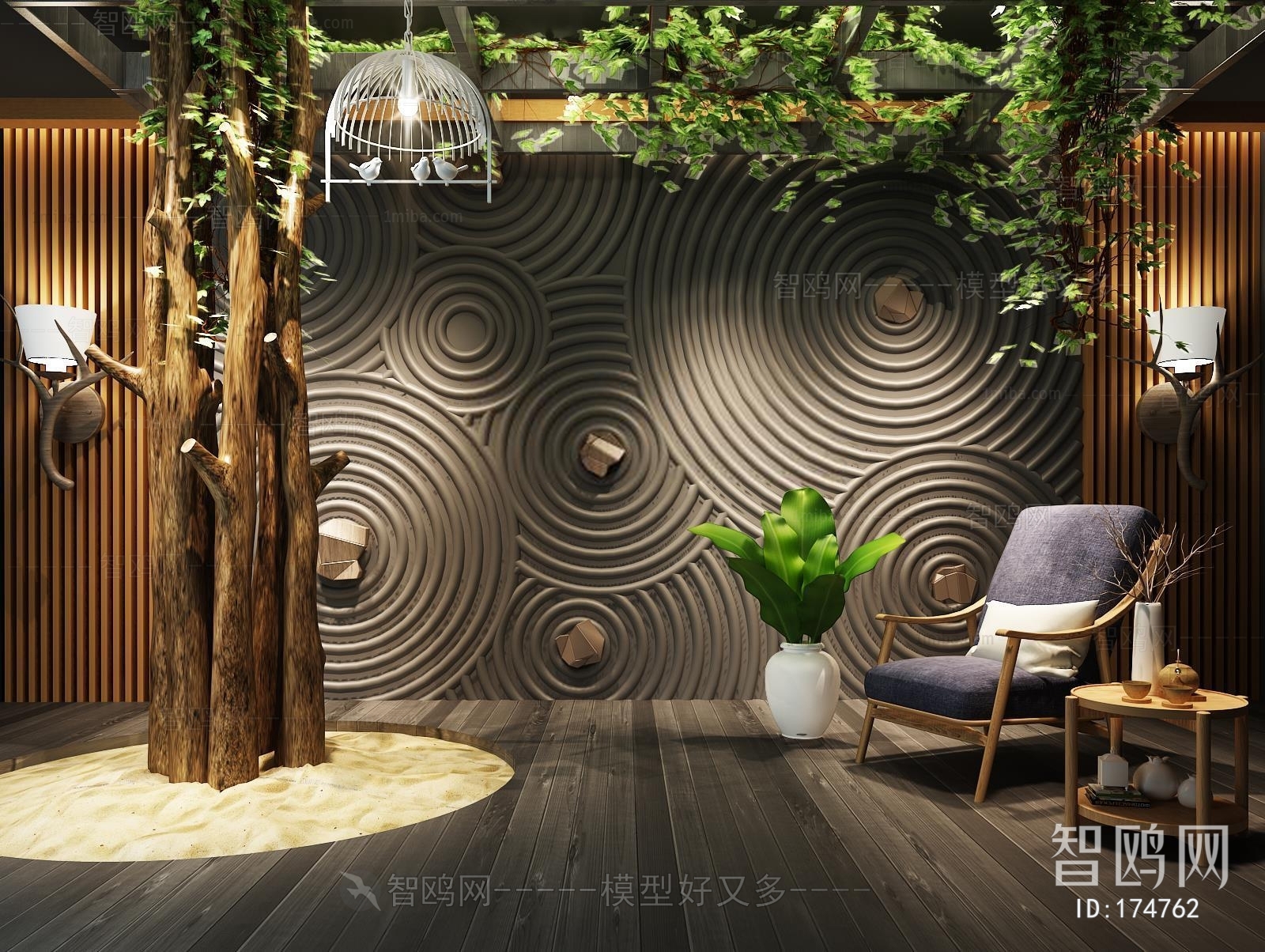 新中式日式石头禅意墙木头藤类休闲椅沙坑组合