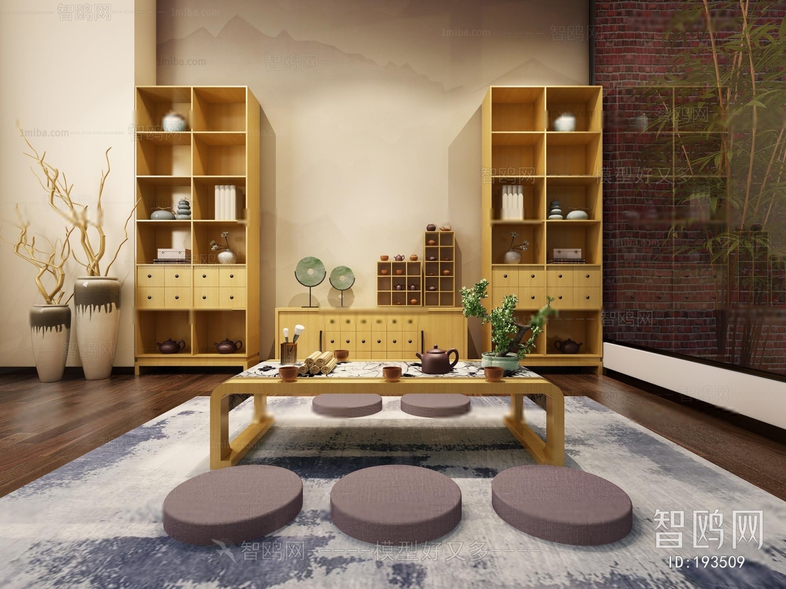 新中式实木茶几蒲团装饰书柜端景柜摆件