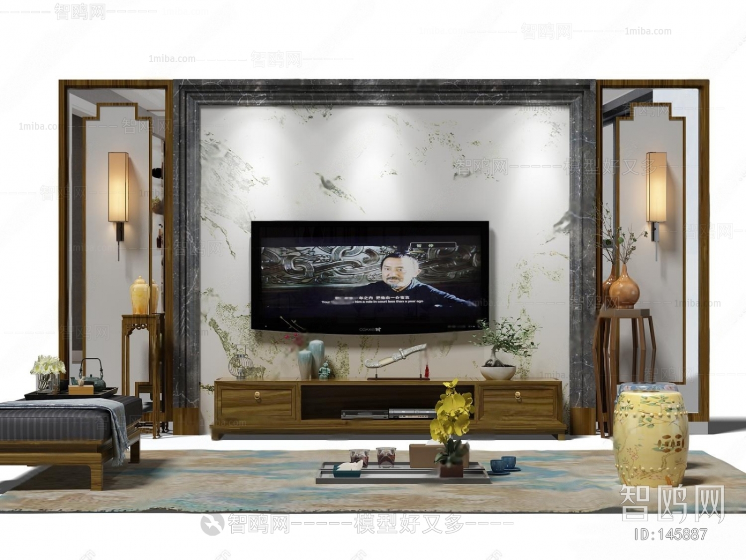 新中式电视背景墙电视柜