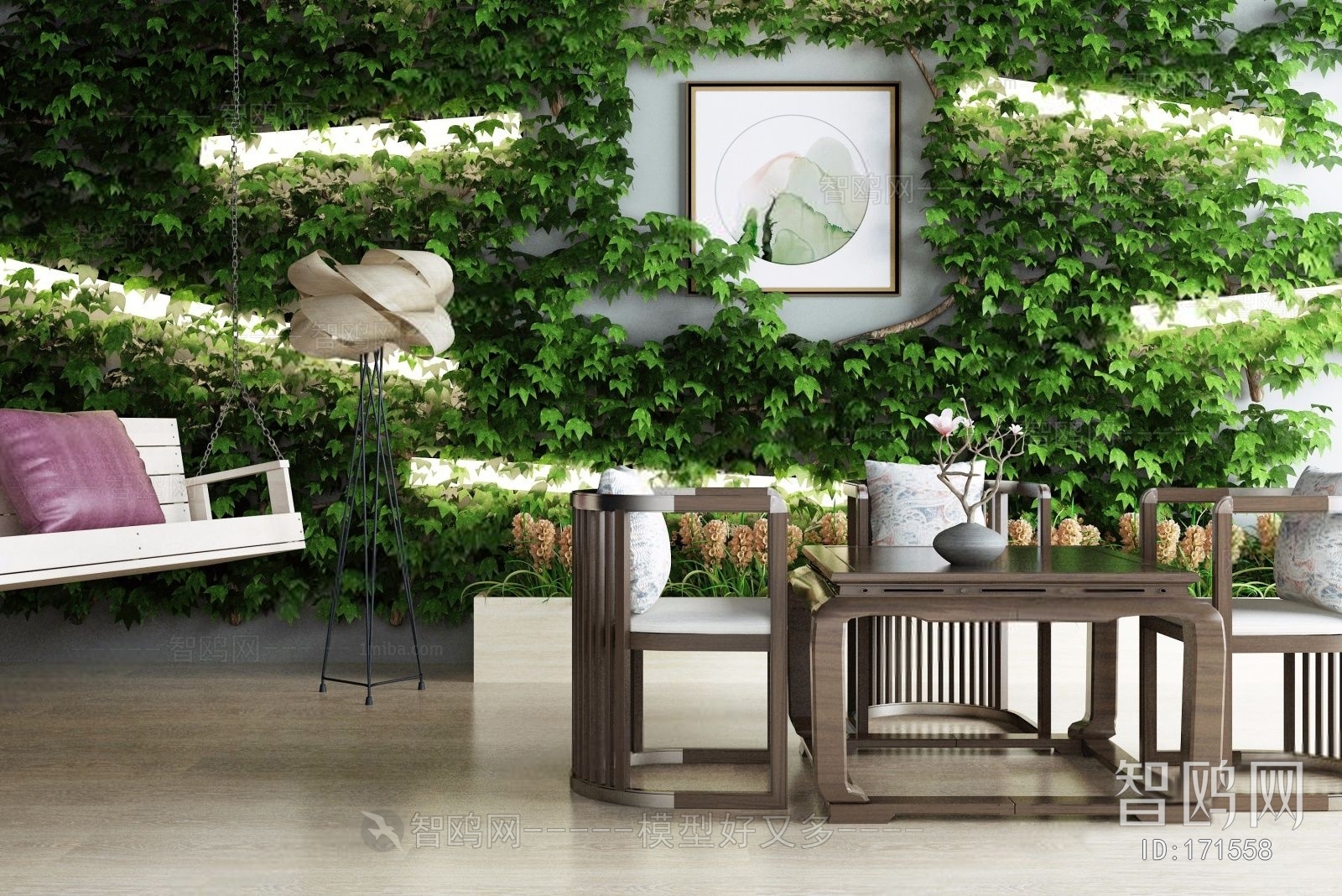 植物墙茶休闲桌椅组合