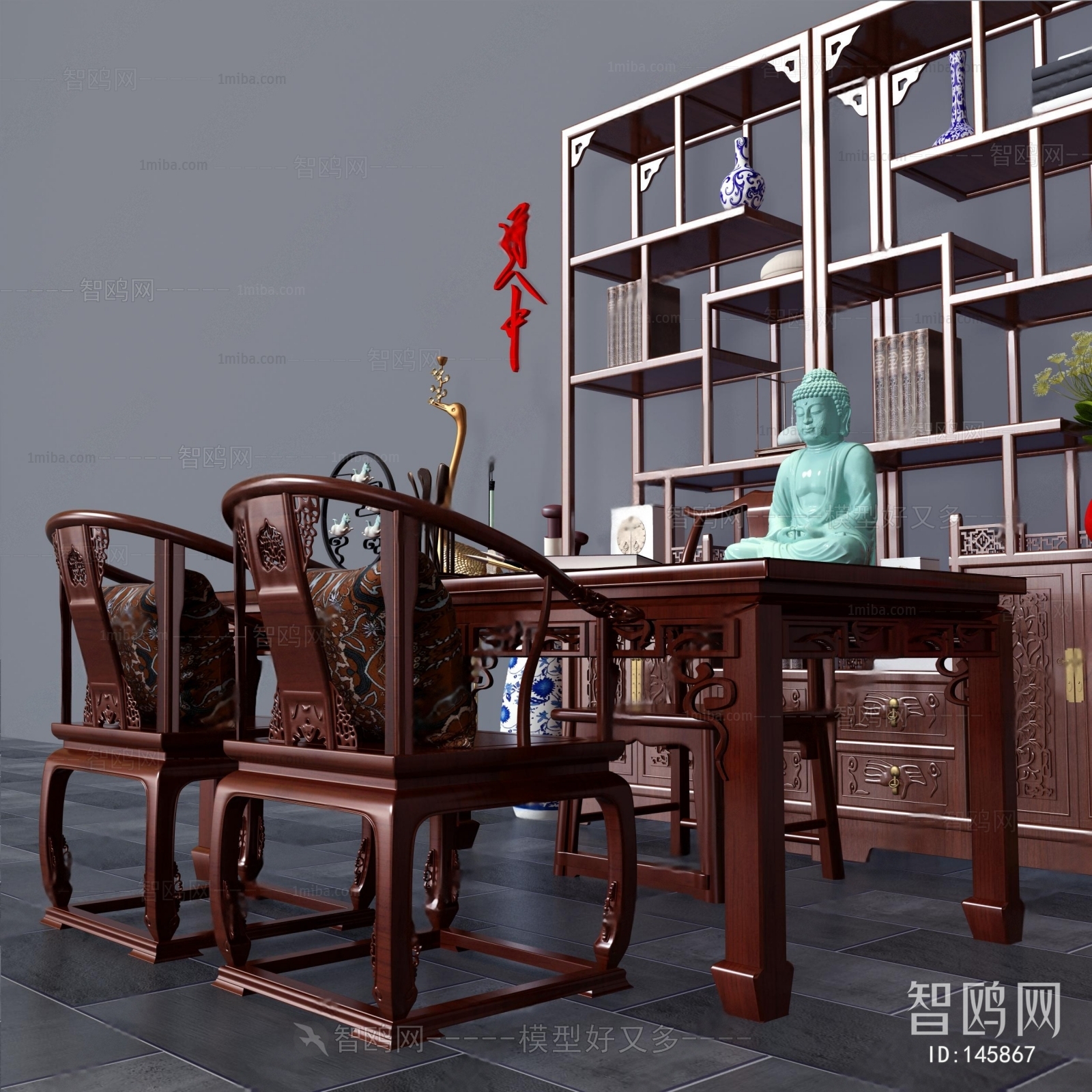 中式书桌椅书架