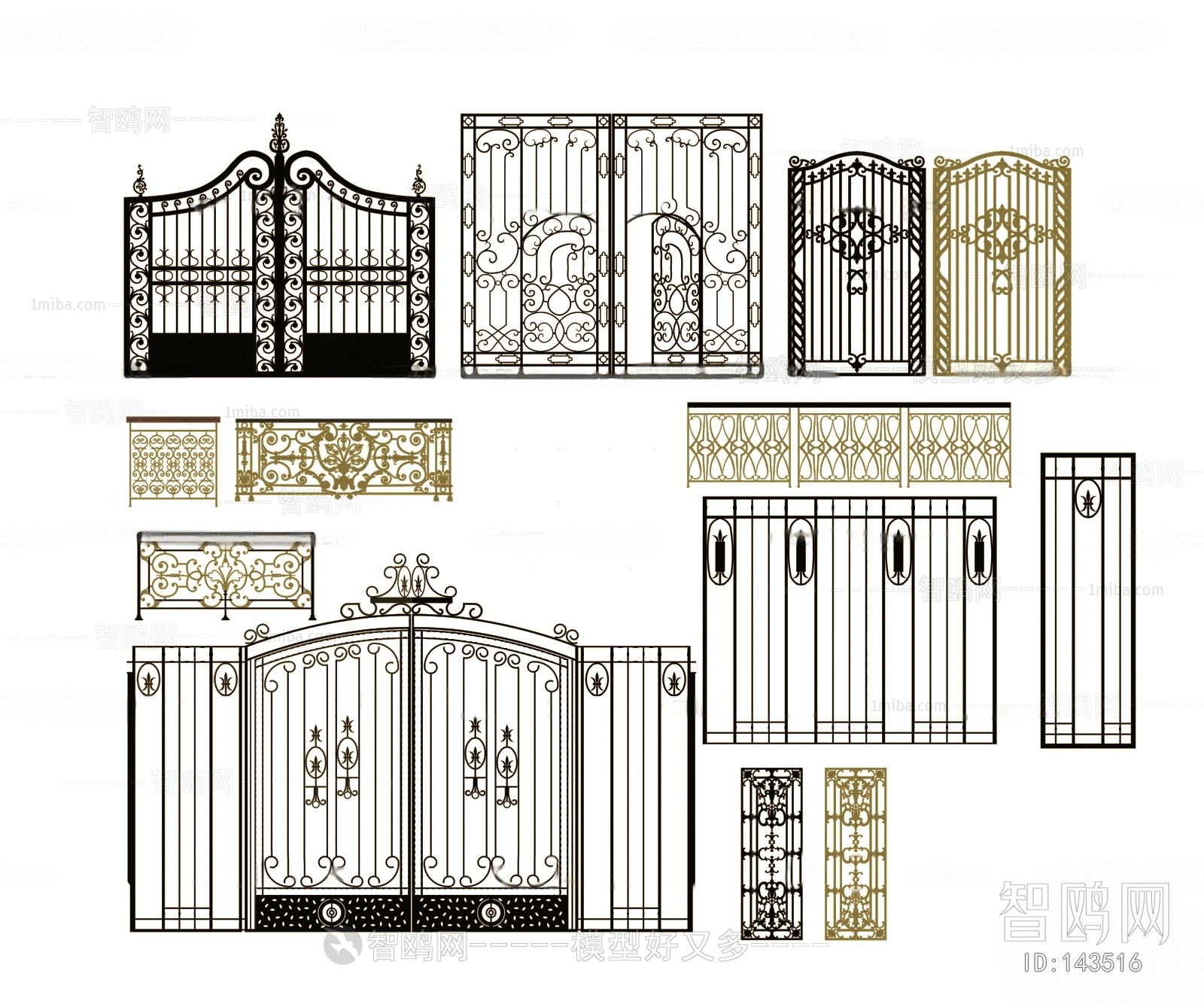 欧式铁艺金属大门雕花栏杆组合