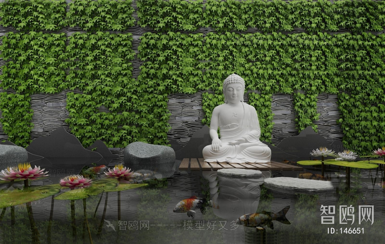 新中式荷花水景植物墙