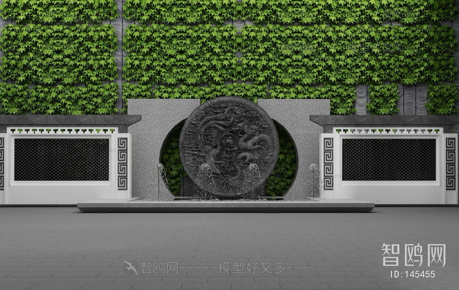 新中式植物墙喷泉牌坊