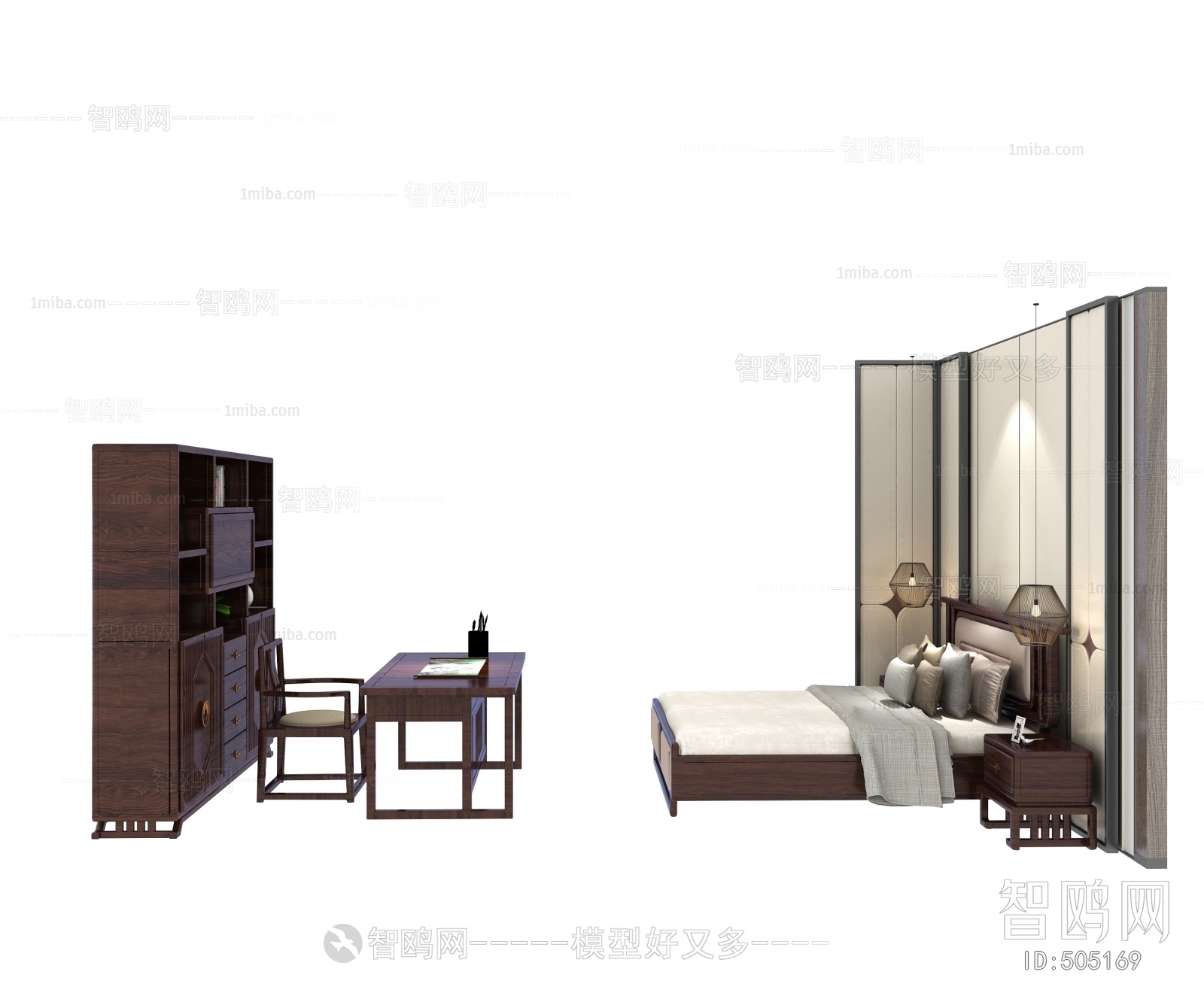 中式双人床书桌椅书柜组合